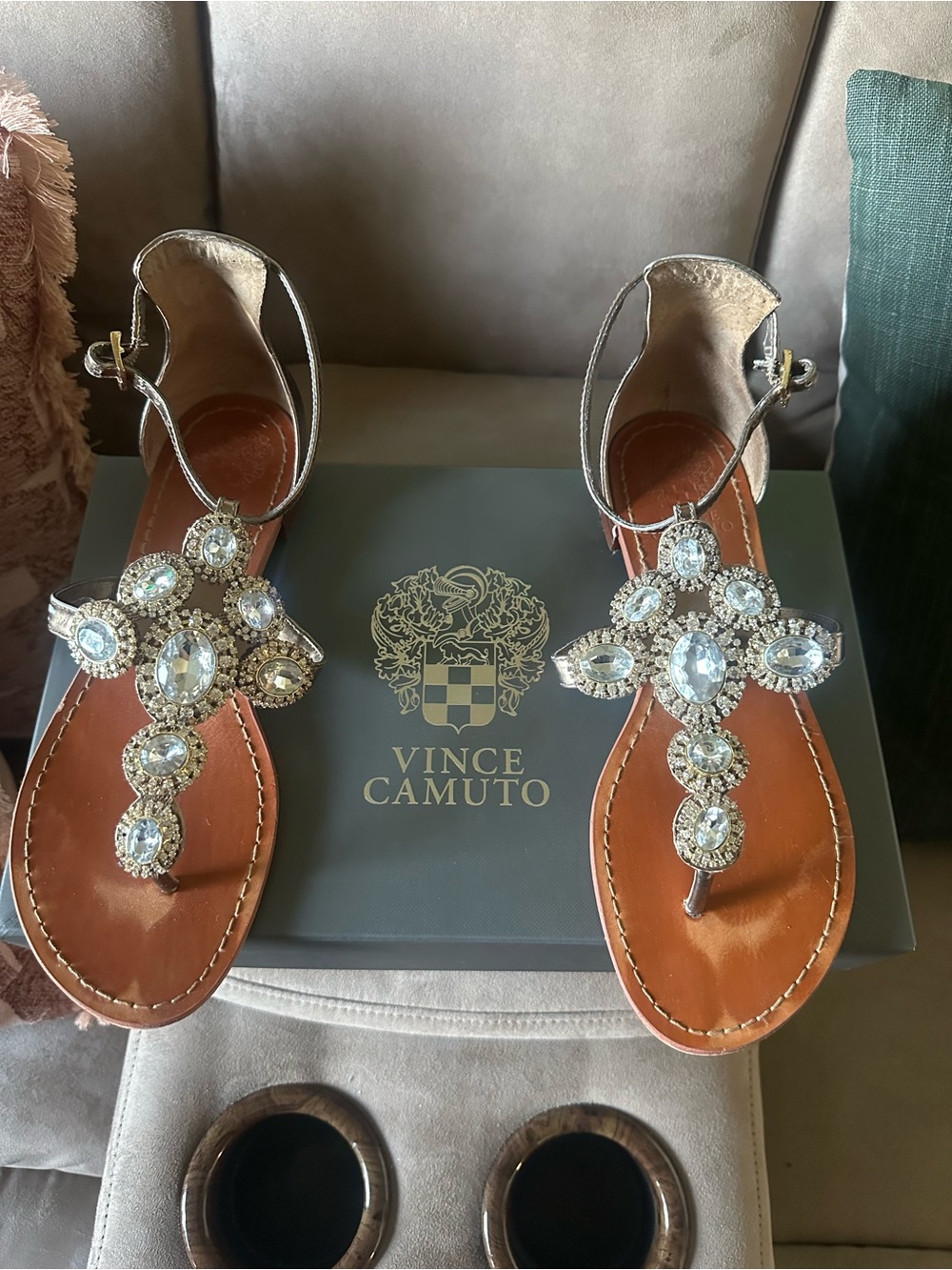 Vince Camuto Brown Leather Sandals with Silver Jeweled T-Straps